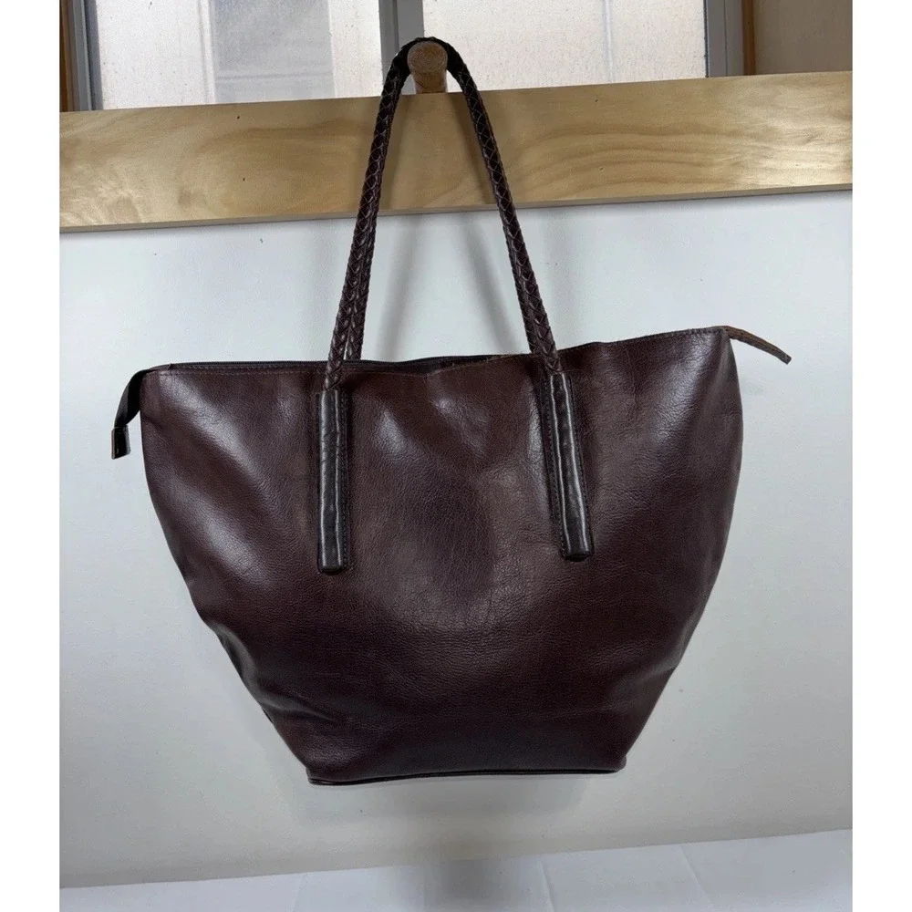 Noonday Collection Leather Arcadia Tote Bag Spacious‎ Purse Brown Braided Straps